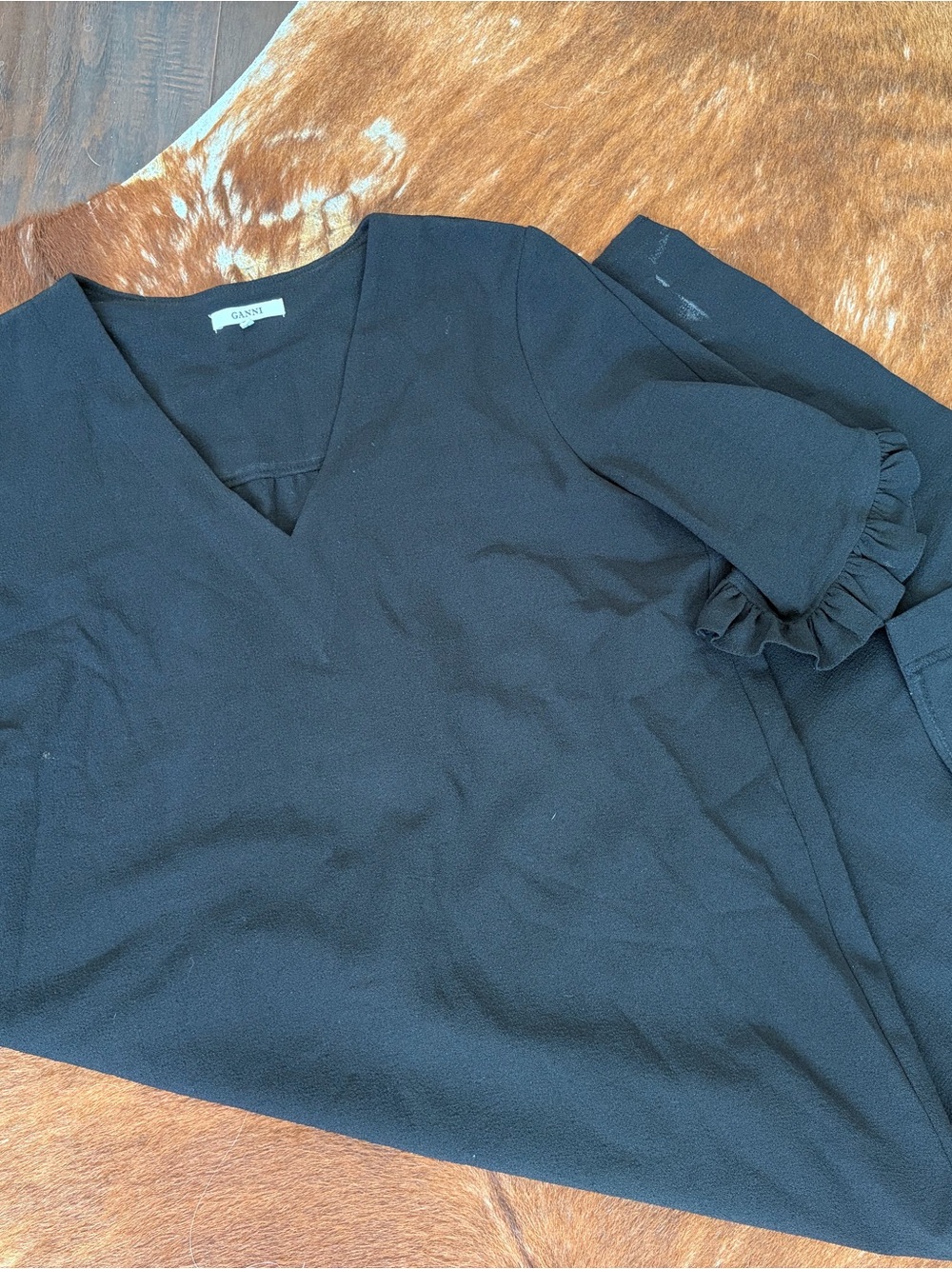 Ganni Black V-Neck Ruffle Sleeve Tunic Top